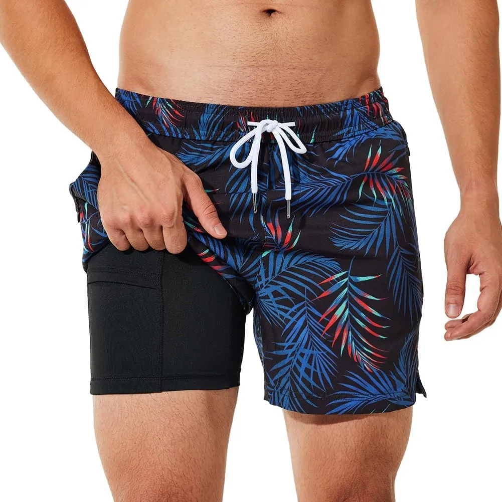 NIMENJOJA Mens 5" Swim Trunks with Compression Liner Stretch Board Shorts Quick Dry Zipper Pockets Beach Shorts