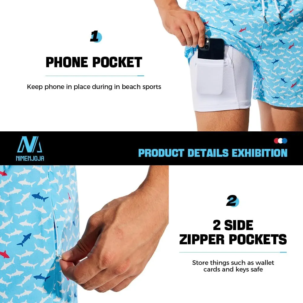 NIMENJOJA Mens 5" Swim Trunks with Compression Liner Stretch Board Shorts Quick Dry Zipper Pockets Beach Shorts