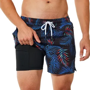 NIMENJOJA Mens 5" Swim Trunks with Compression Liner Stretch Board Shorts Quick Dry Zipper Pockets Beach Shorts