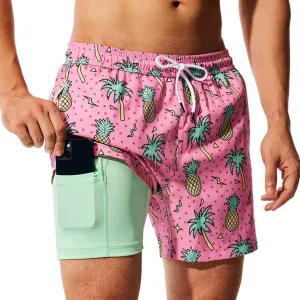 NIMENJOJA Mens 5" Swim Trunks with Compression Liner Stretch Board Shorts Quick Dry Zipper Pockets Beach Shorts