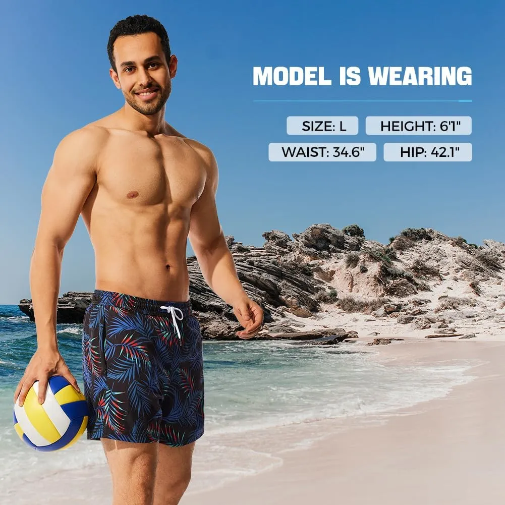 NIMENJOJA Mens 5" Swim Trunks with Compression Liner Stretch Board Shorts Quick Dry Zipper Pockets Beach Shorts
