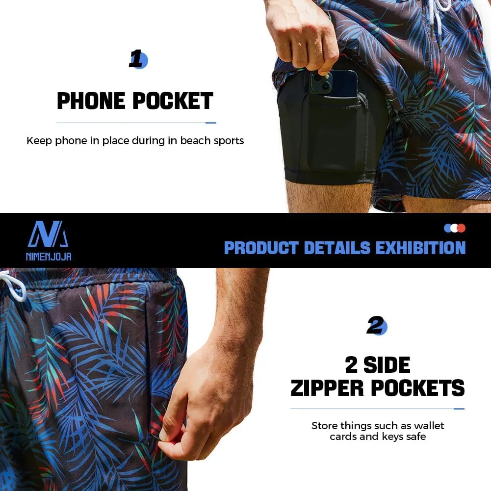 NIMENJOJA Mens 5" Swim Trunks with Compression Liner Stretch Board Shorts Quick Dry Zipper Pockets Beach Shorts
