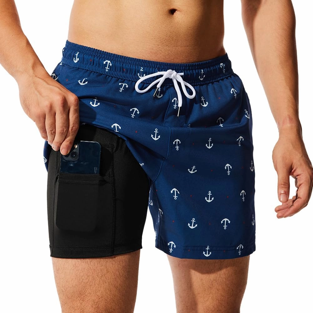 NIMENJOJA Mens 5" Swim Trunks with Compression Liner Stretch Board Shorts Quick Dry Zipper Pockets Beach Shorts