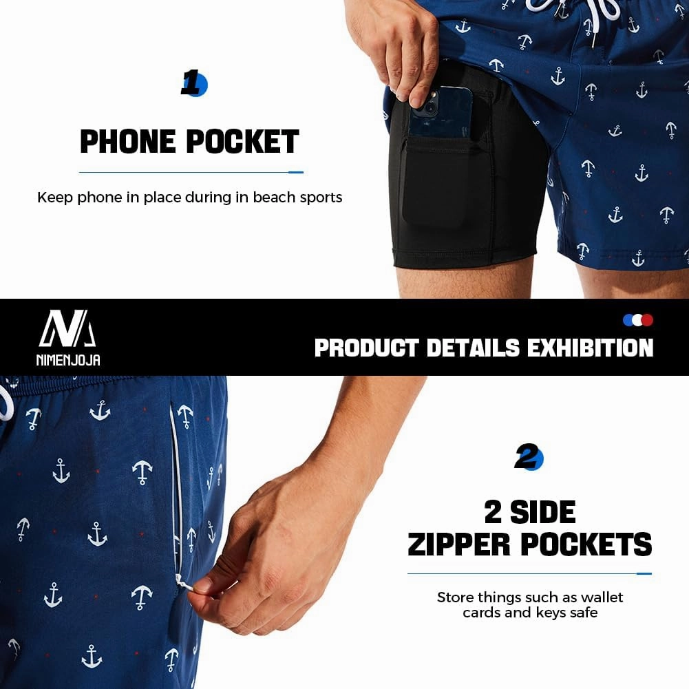 NIMENJOJA Mens 5" Swim Trunks with Compression Liner Stretch Board Shorts Quick Dry Zipper Pockets Beach Shorts