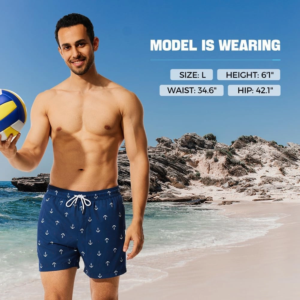 NIMENJOJA Mens 5" Swim Trunks with Compression Liner Stretch Board Shorts Quick Dry Zipper Pockets Beach Shorts