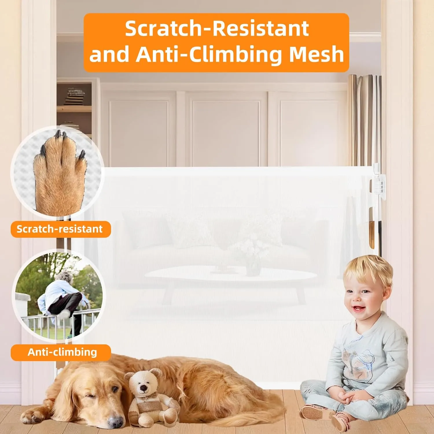 No Drill Retractable Baby Gates No Drilling Retractable Pet Gate for Stairs No Drilling Retractable Dog Gate Outdoor Retractable Gate for Baby 55" Wide Indoor Safety Gates Mesh Pet Gates