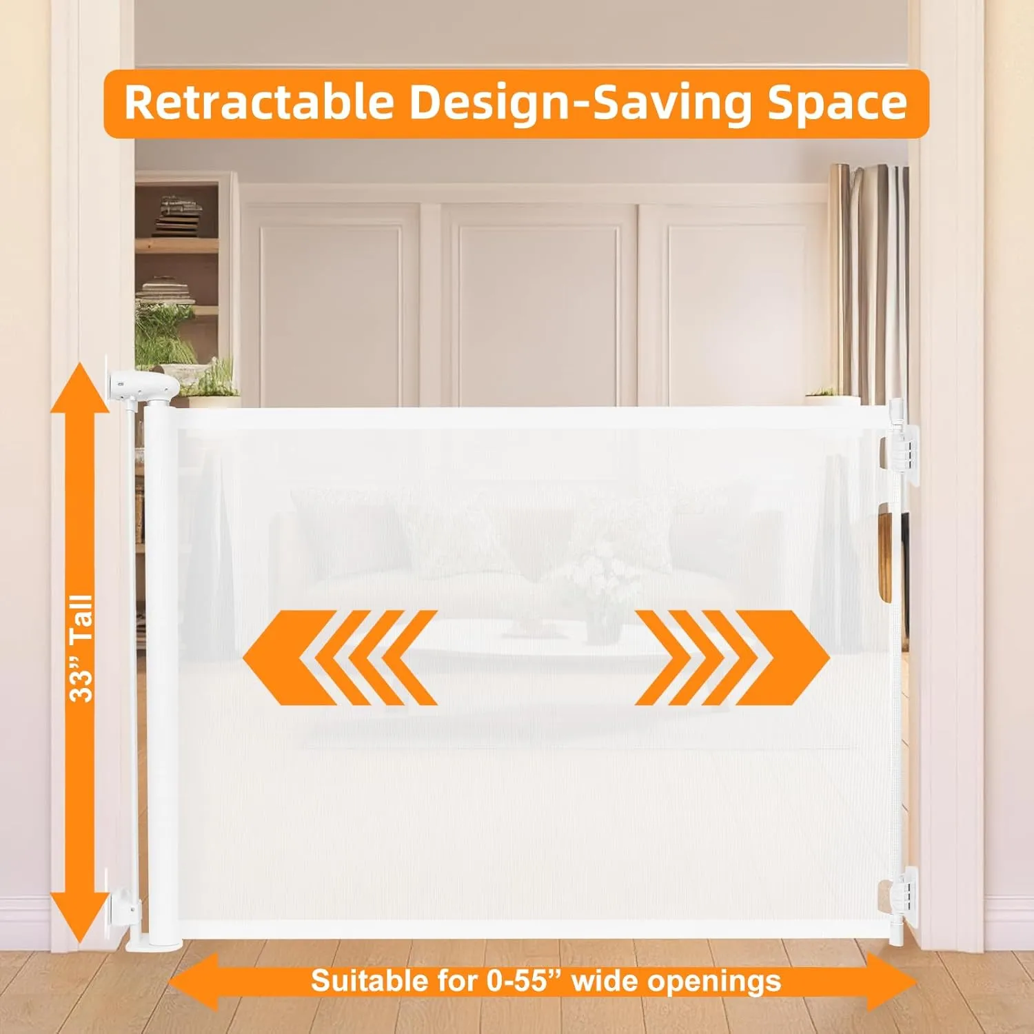 No Drill Retractable Baby Gates No Drilling Retractable Pet Gate for Stairs No Drilling Retractable Dog Gate Outdoor Retractable Gate for Baby 55" Wide Indoor Safety Gates Mesh Pet Gates