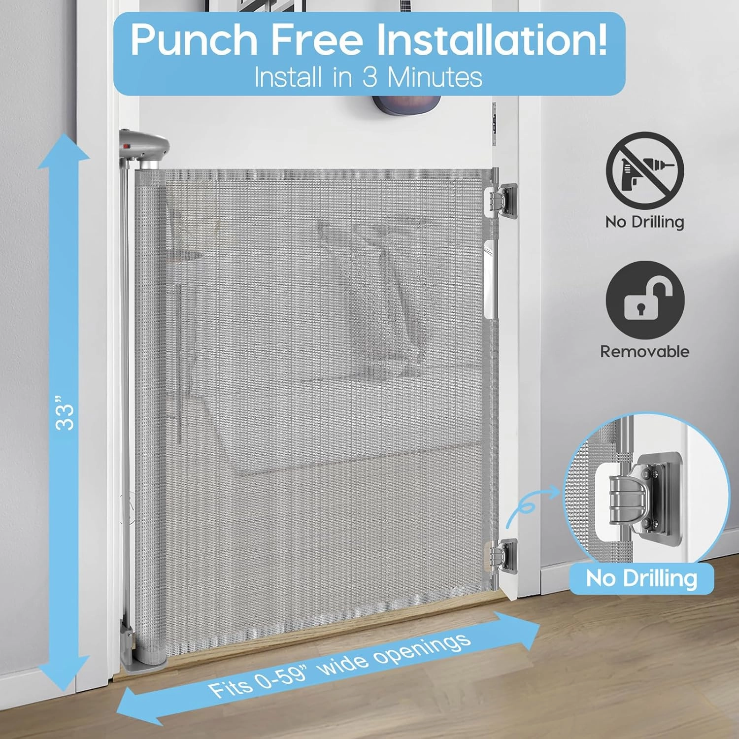 No Drill Retractable Dog Gates for Doorways 59" Wide, Punch Free Baby Gate 33" Tall, Retractable Baby Gates for Stairs No Drilling Pet Gate Indoor Mesh Dog Gate for The House, Gray