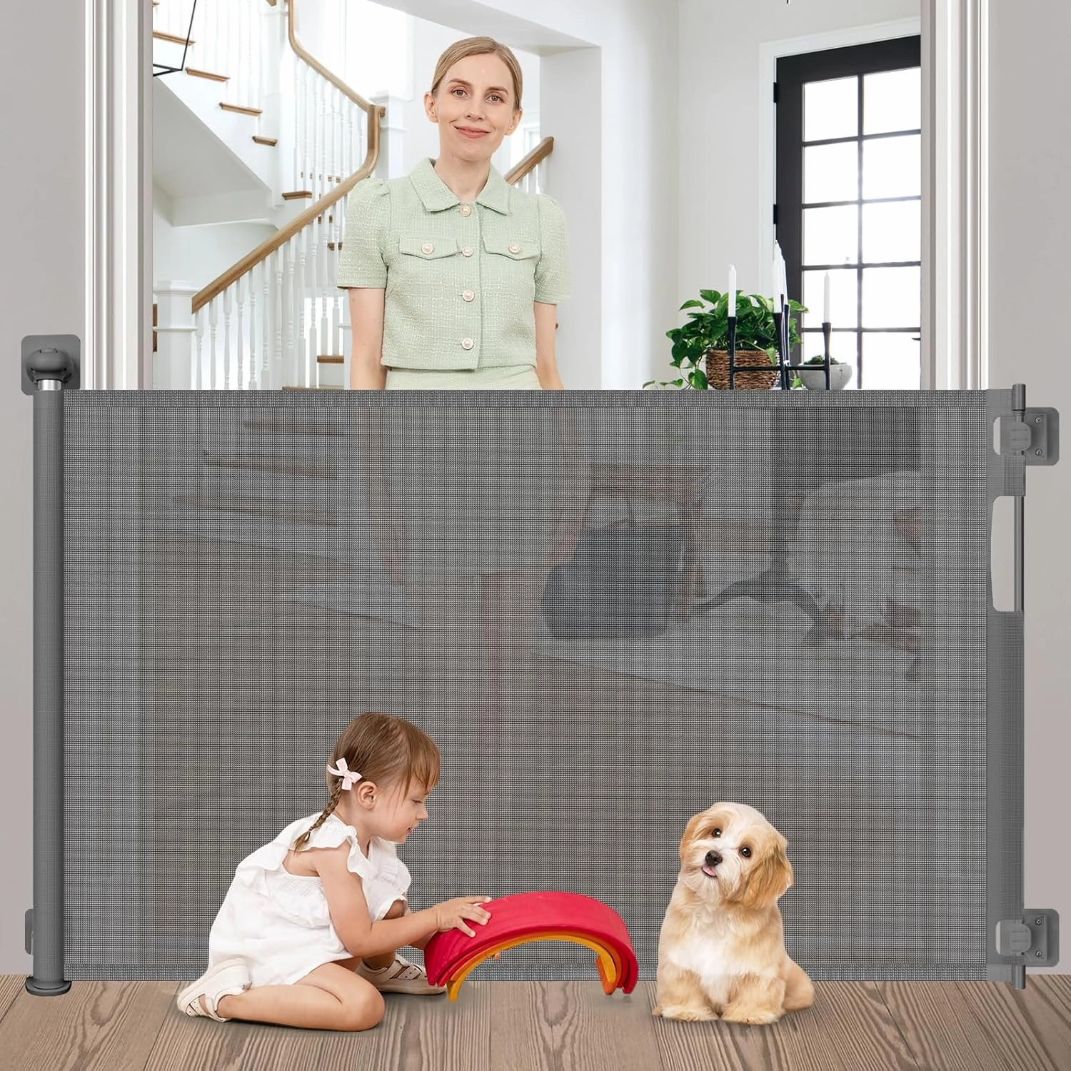 No Drill Retractable Dog Gates for Doorways 59" Wide, Punch Free Baby Gate 33" Tall, Retractable Baby Gates for Stairs No Drilling Pet Gate Indoor Mesh Dog Gate for The House, Gray