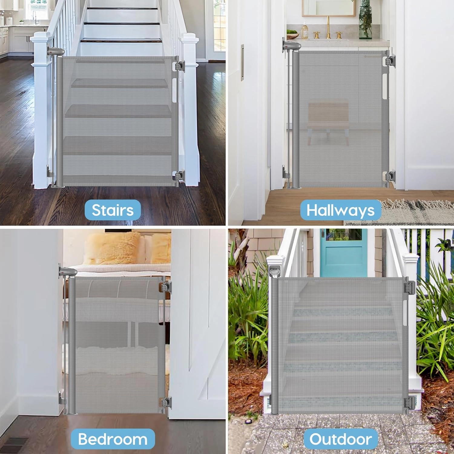 No Drill Retractable Dog Gates for Doorways 59" Wide, Punch Free Baby Gate 33" Tall, Retractable Baby Gates for Stairs No Drilling Pet Gate Indoor Mesh Dog Gate for The House, Gray