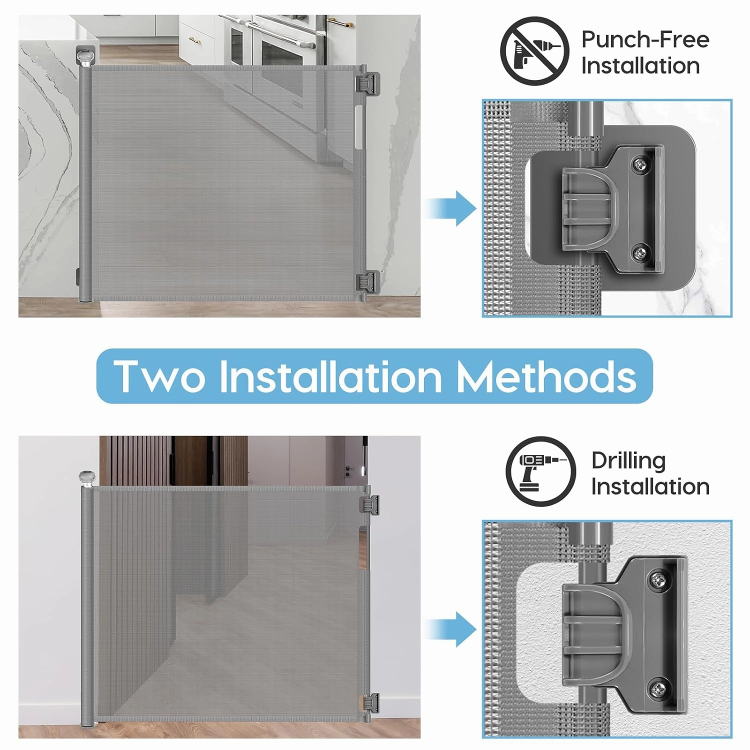 No Drill Retractable Dog Gates for Doorways 59" Wide, Punch Free Baby Gate 33" Tall, Retractable Baby Gates for Stairs No Drilling Pet Gate Indoor Mesh Dog Gate for The House, Gray