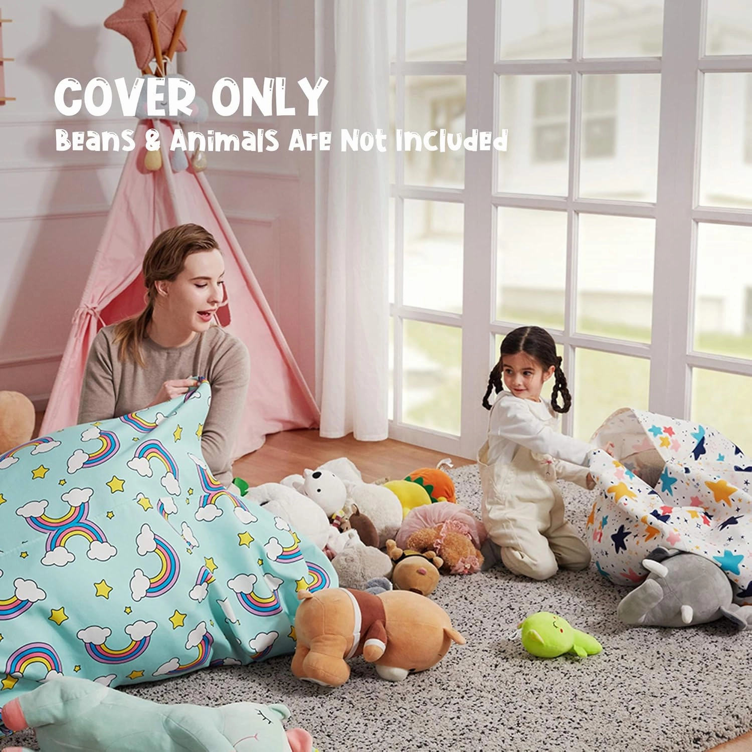 Nobildonna Stuffed Animal Storage Bean Bag Chair Cover for Kids Teens (No Filler) 250L Washable Large Beanbag Cover for Kids' Room Organizing Plush Toys or Home Living Room Textile,Blue White Stripes
