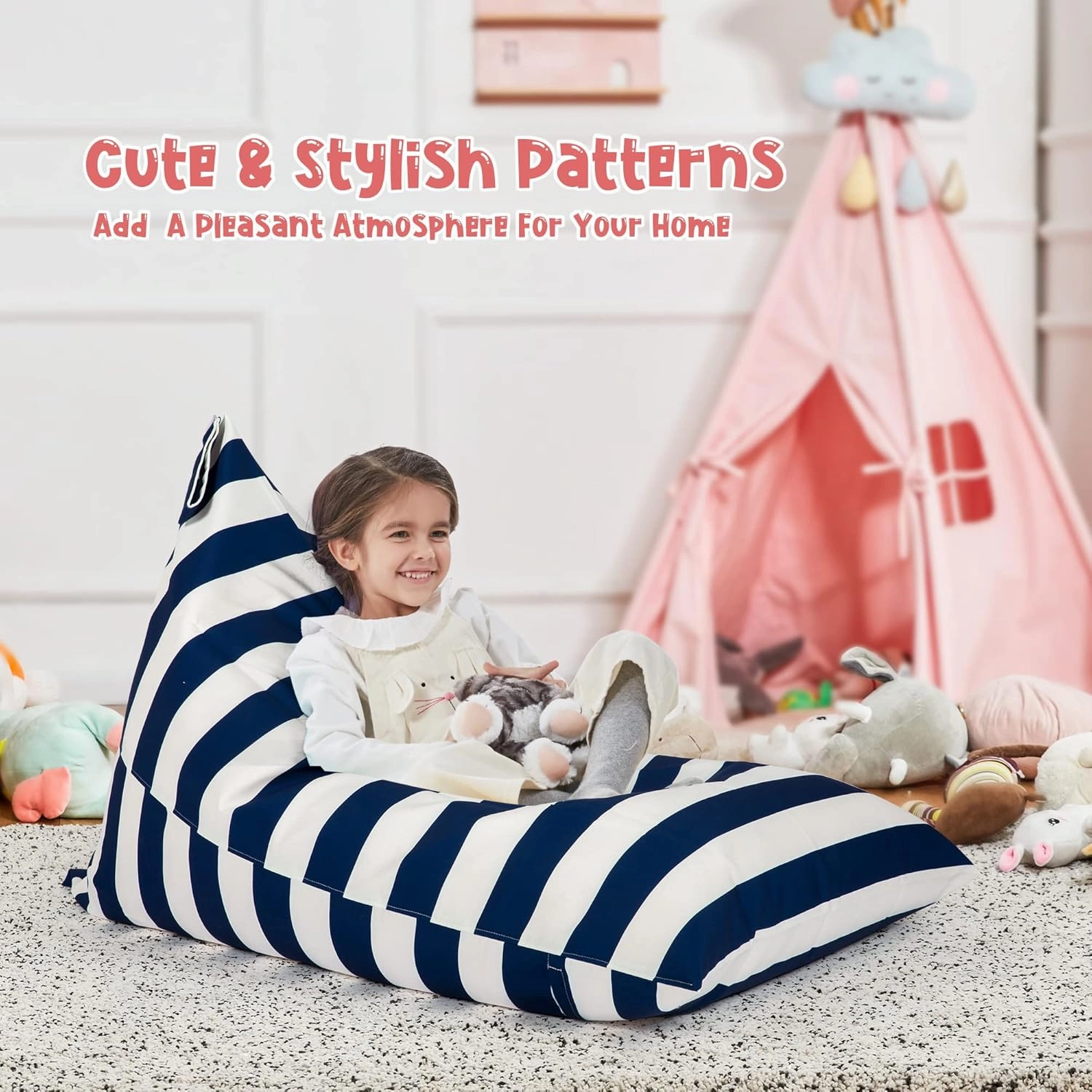 Nobildonna Stuffed Animal Storage Bean Bag Chair Cover for Kids Teens (No Filler) 250L Washable Large Beanbag Cover for Kids' Room Organizing Plush Toys or Home Living Room Textile,Blue White Stripes