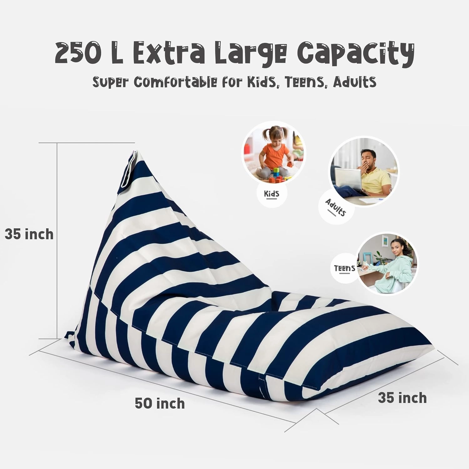 Nobildonna Stuffed Animal Storage Bean Bag Chair Cover for Kids Teens (No Filler) 250L Washable Large Beanbag Cover for Kids' Room Organizing Plush Toys or Home Living Room Textile,Blue White Stripes