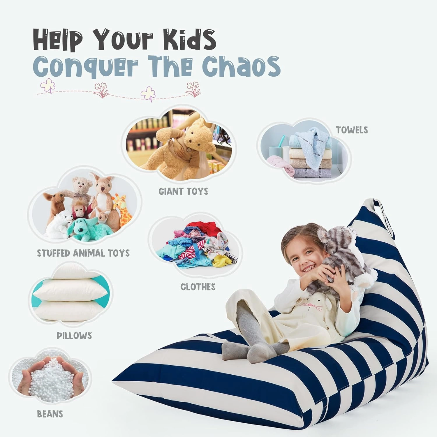 Nobildonna Stuffed Animal Storage Bean Bag Chair Cover for Kids Teens (No Filler) 250L Washable Large Beanbag Cover for Kids' Room Organizing Plush Toys or Home Living Room Textile,Blue White Stripes