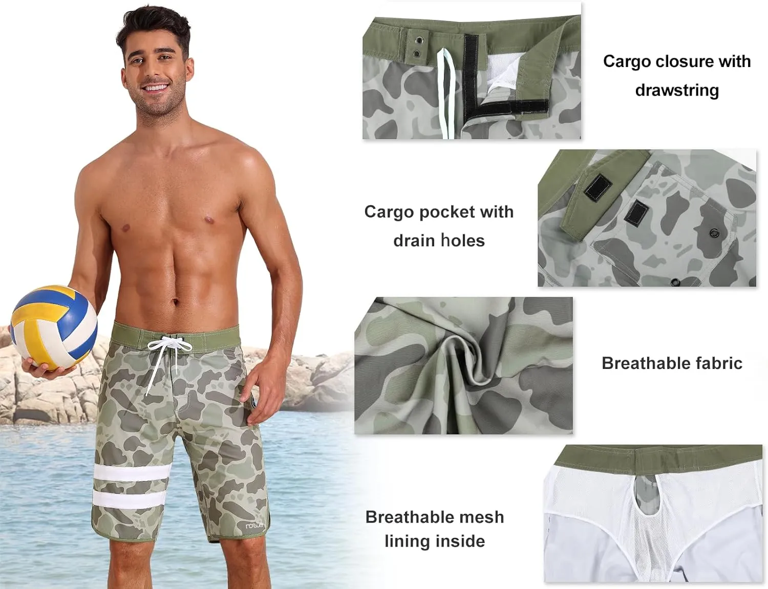 Nonwe Men's Swim Trunks Quick Dry Water Sports Beach Board Shorts with Liner