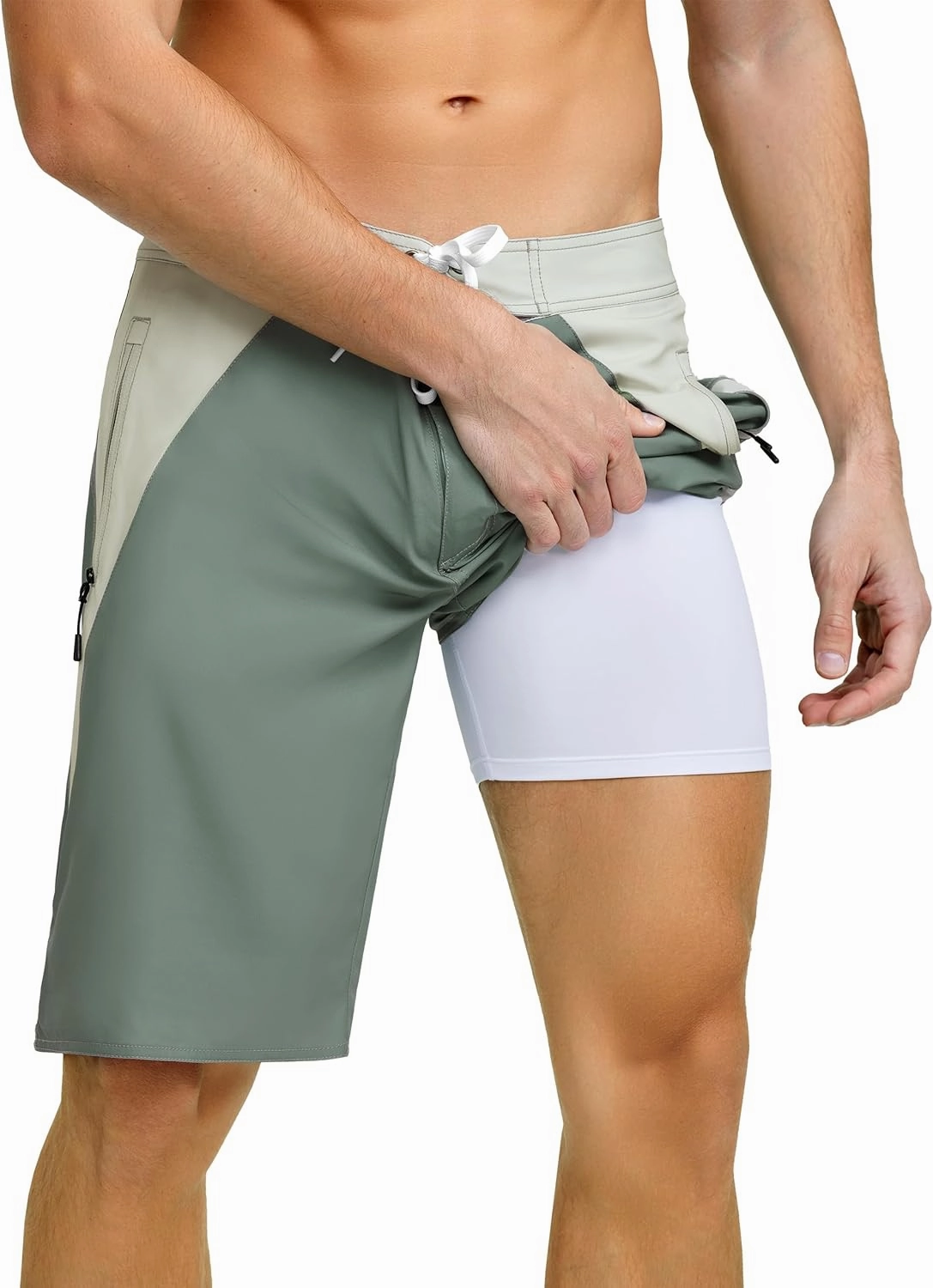 Nonwe Men's Swim Trunks with Compression Liner 2 in 1 Fast Dry Bathing Suits Cargo Surf Board Shorts with Pockets