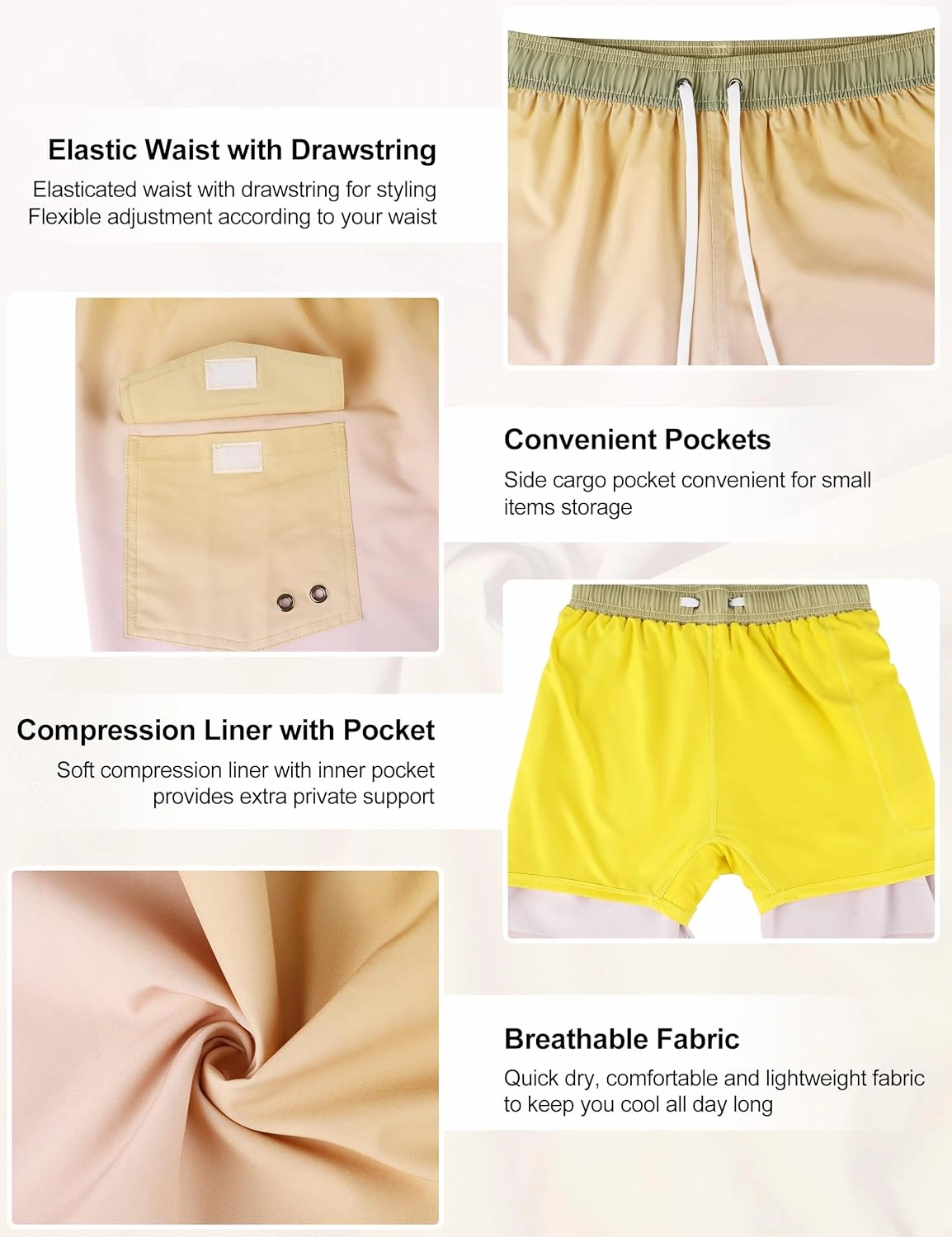 Nonwe Men's Swim Trunks with Compression Liner Quick Dry Water Sport Surf Beach Shorts with Pocket