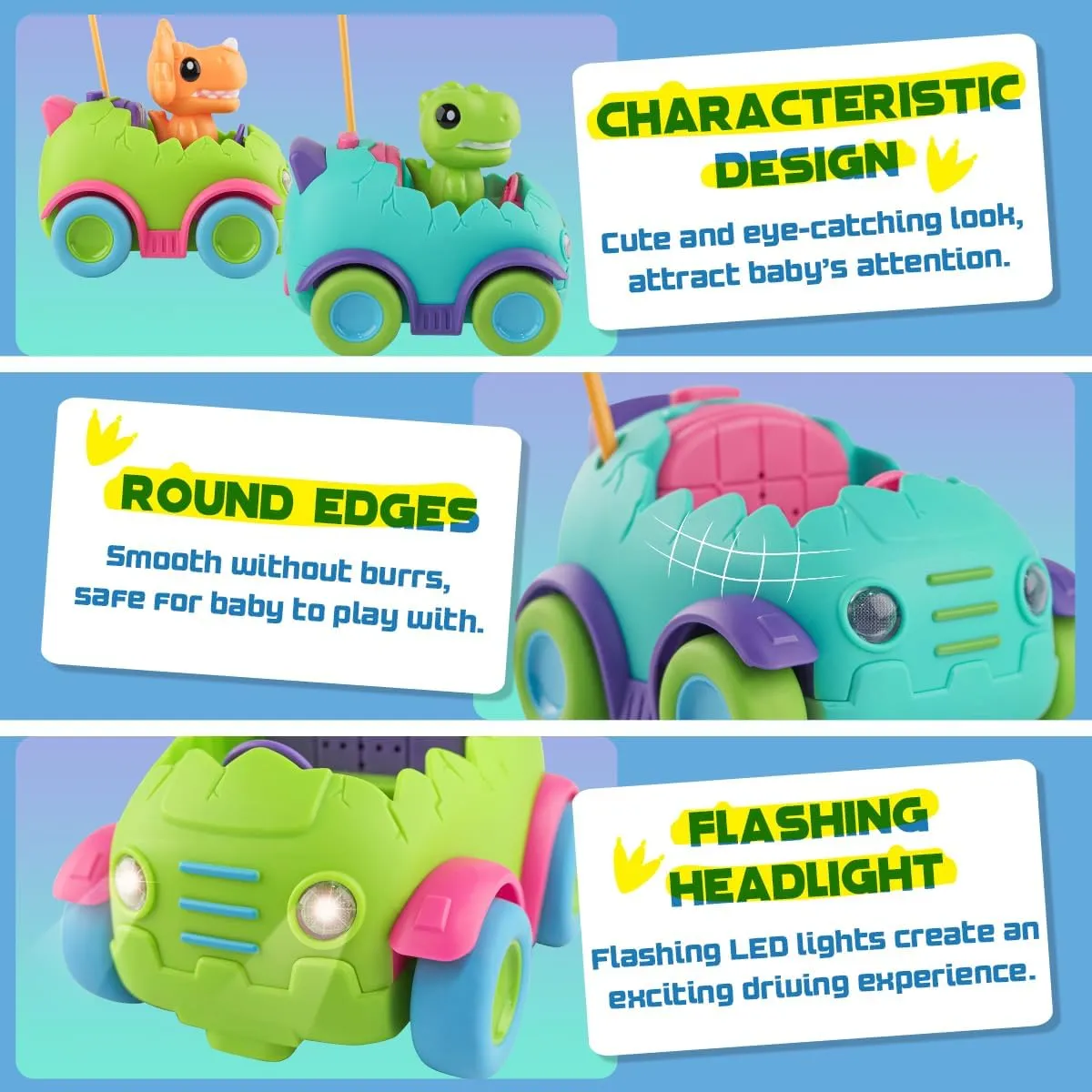 Nueplay Remote Control Car for Toddler Age 2 3 4 5, Electric RC Toys with Light & Music, Toddler Dinosaur Toys, Dino Figures Truck Race Vehicles, Birthday Gift for Boys & Girls, 2 Pack Playset