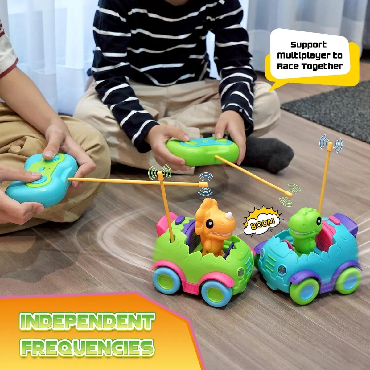 Nueplay Remote Control Car for Toddler Age 2 3 4 5, Electric RC Toys with Light & Music, Toddler Dinosaur Toys, Dino Figures Truck Race Vehicles, Birthday Gift for Boys & Girls, 2 Pack Playset