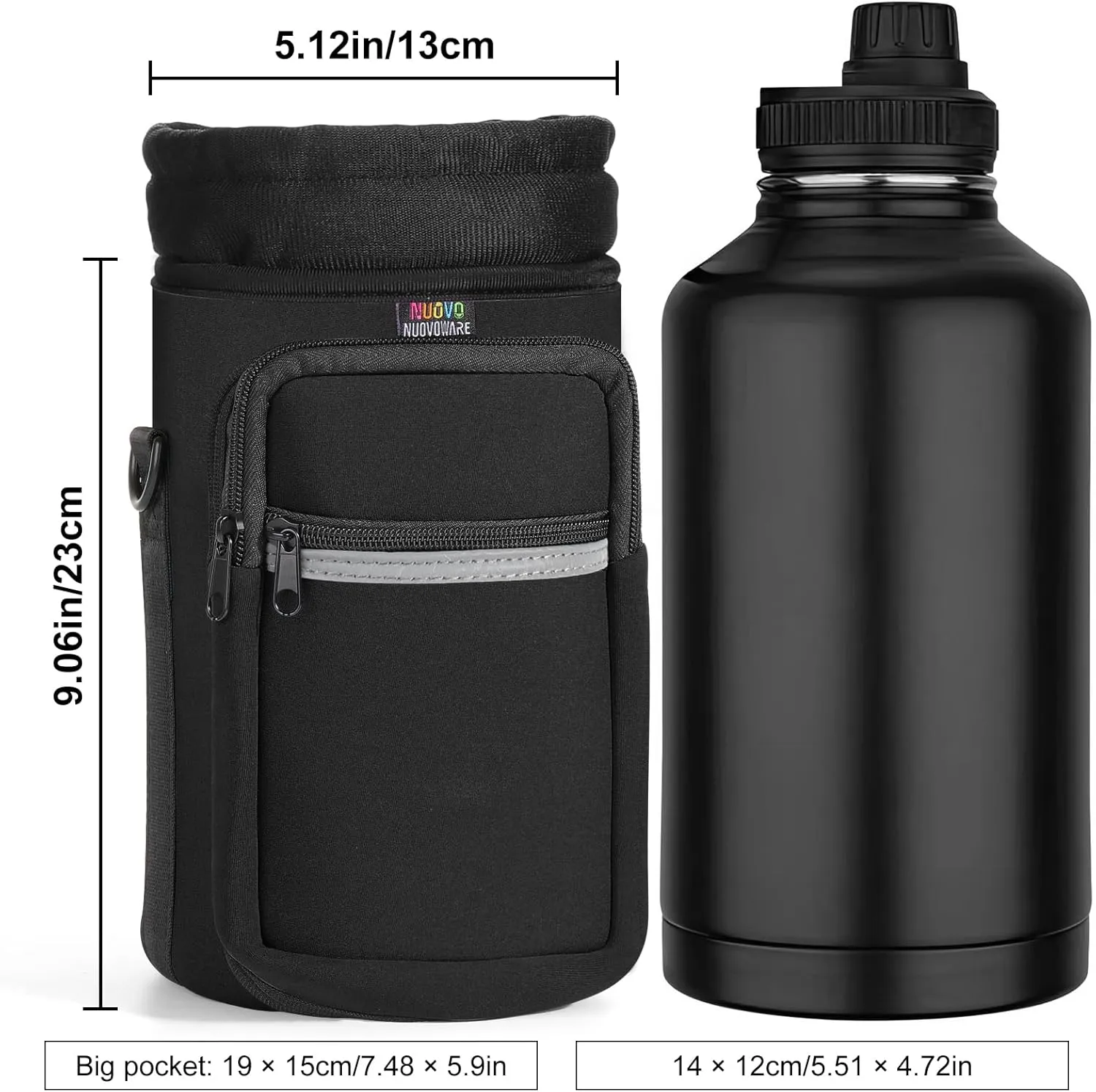 Nuovoware Water Bottle Carrier Bag,25oz/40oz/64oz Bottle Pouch Holder,Adjustable Shoulder Hand Strap 2 Pocket Sling Neoprene Sleeve Sports Accessories for Hiking Travelling Camping