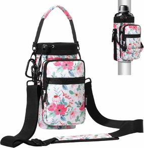 Nuovoware Magnetic Gym Bag Water Bottle Carrier Holder with Adjustable Shoulder Strap, 40oz Magnets Magnetic Gym Bag Bottle Pouch Sling, 2 Pocket Sling Neoprene Organizer Sleeve, Floral Pink