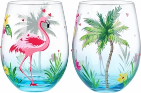 NymphFable Set of 2 Flamingo Stemless Gin Cocktail Glass Tumbler Hand Painted Wine Glass Flamingo Gifts for Women with Gift Box, 18oz