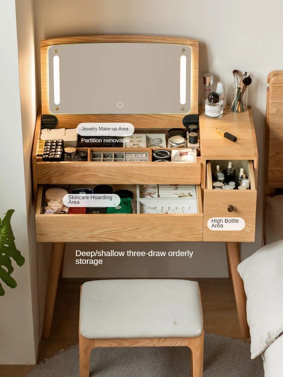 Oak Solid Wood Dressing Table Mirror LED Touch Light 31.5x16.5x31.1 inch/ 80x42x79сm/ Natural Wood Color/Makeup tablе   Soft Makeup Stool Bag (White)