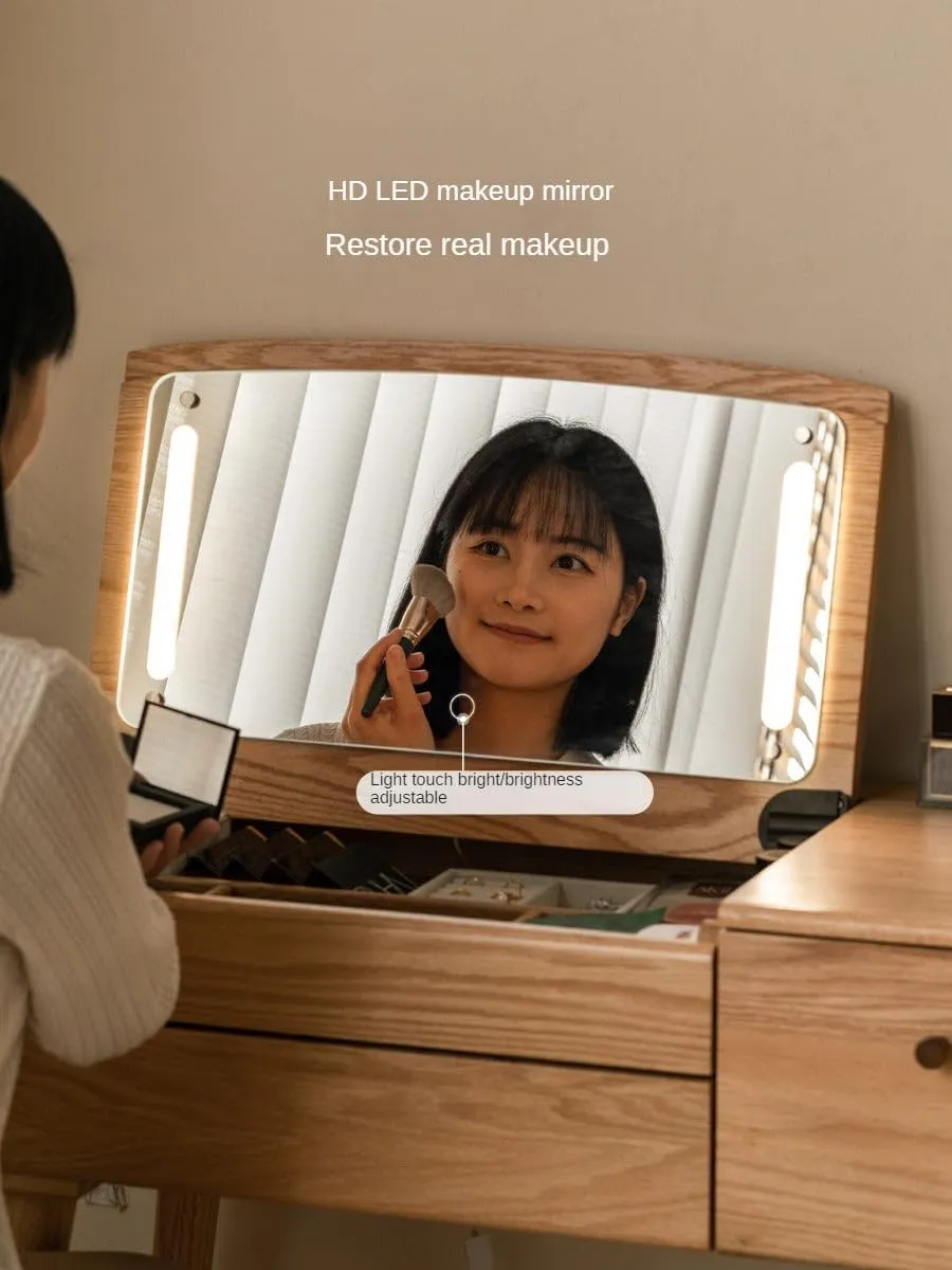 Oak Solid Wood Dressing Table Mirror LED Touch Light 31.5x16.5x31.1 inch/ 80x42x79сm/ Natural Wood Color/Makeup tablе   Soft Makeup Stool Bag (White)