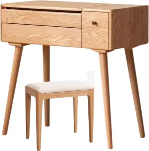 Oak Solid Wood Dressing Table Mirror LED Touch Light 31.5x16.5x31.1 inch/ 80x42x79сm/ Natural Wood Color/Makeup tablе   Soft Makeup Stool Bag (White)