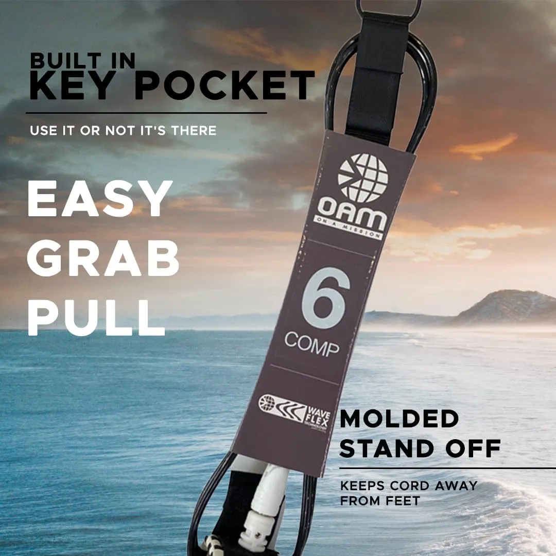 OAM Premium Comp Surfboard Leash - 5', 5.5, 6, 7, 8, 9 - Made in The USA - Ultra Lite Competition Surfboard Leash w/Key Pocket, Colors: Black, Blue, Clear - Pro Rider Designed