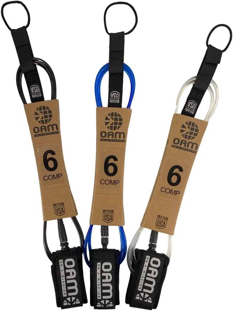 OAM Premium Comp Surfboard Leash - 5', 5.5, 6, 7, 8, 9 - Made in The USA - Ultra Lite Competition Surfboard Leash w/Key Pocket, Colors: Black, Blue, Clear - Pro Rider Designed