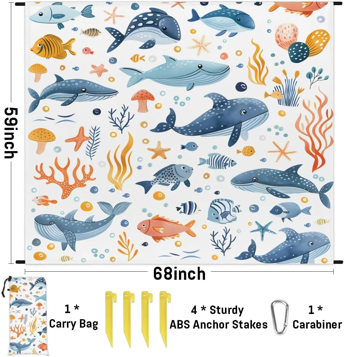 Ocean Animal Nautical Beach Blanket, Sandproof Beach Mat, 68 x 59 Waterproof Quick Drying Sand Free Mat with 4 x Ground Spikes for Outdoor Travel Camping Hiking, Cute Whale Coral