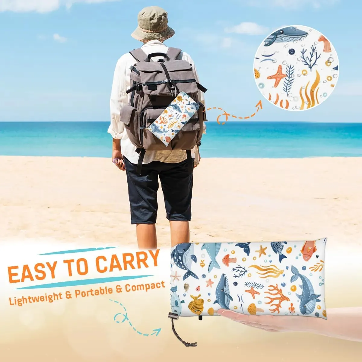 Ocean Animal Nautical Beach Blanket, Sandproof Beach Mat, 68 x 59 Waterproof Quick Drying Sand Free Mat with 4 x Ground Spikes for Outdoor Travel Camping Hiking, Cute Whale Coral