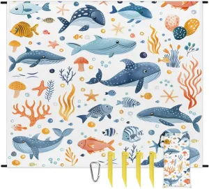 Ocean Animal Nautical Beach Blanket, Sandproof Beach Mat, 68 x 59 Waterproof Quick Drying Sand Free Mat with 4 x Ground Spikes for Outdoor Travel Camping Hiking, Cute Whale Coral