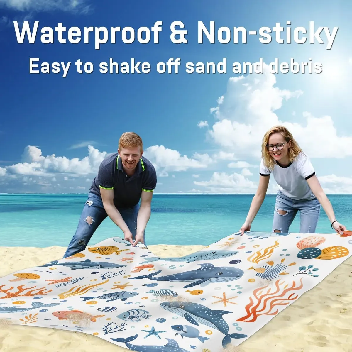 Ocean Animal Nautical Beach Blanket, Sandproof Beach Mat, 68 x 59 Waterproof Quick Drying Sand Free Mat with 4 x Ground Spikes for Outdoor Travel Camping Hiking, Cute Whale Coral