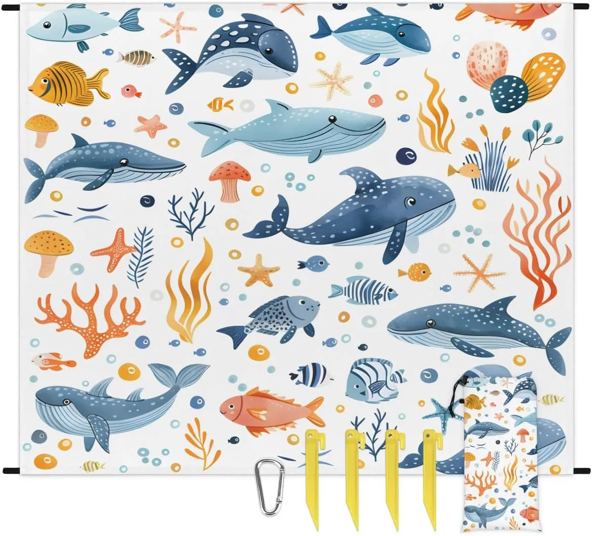 Ocean Animal Nautical Beach Blanket, Sandproof Beach Mat, 68 x 59 Waterproof Quick Drying Sand Free Mat with 4 x Ground Spikes for Outdoor Travel Camping Hiking, Cute Whale Coral