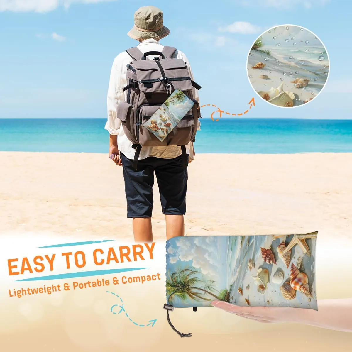 Ocean Beach Beach Blanket, Sandproof Beach Mat, Adults Waterproof Quick Drying Sand Free Mat with 4 x Ground Spikes for Outdoor Travel Camping Hiking, Tropical Beach Starfish Seashell