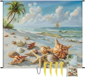 Ocean Beach Beach Blanket, Sandproof Beach Mat, Adults Waterproof Quick Drying Sand Free Mat with 4 x Ground Spikes for Outdoor Travel Camping Hiking, Tropical Beach Starfish Seashell