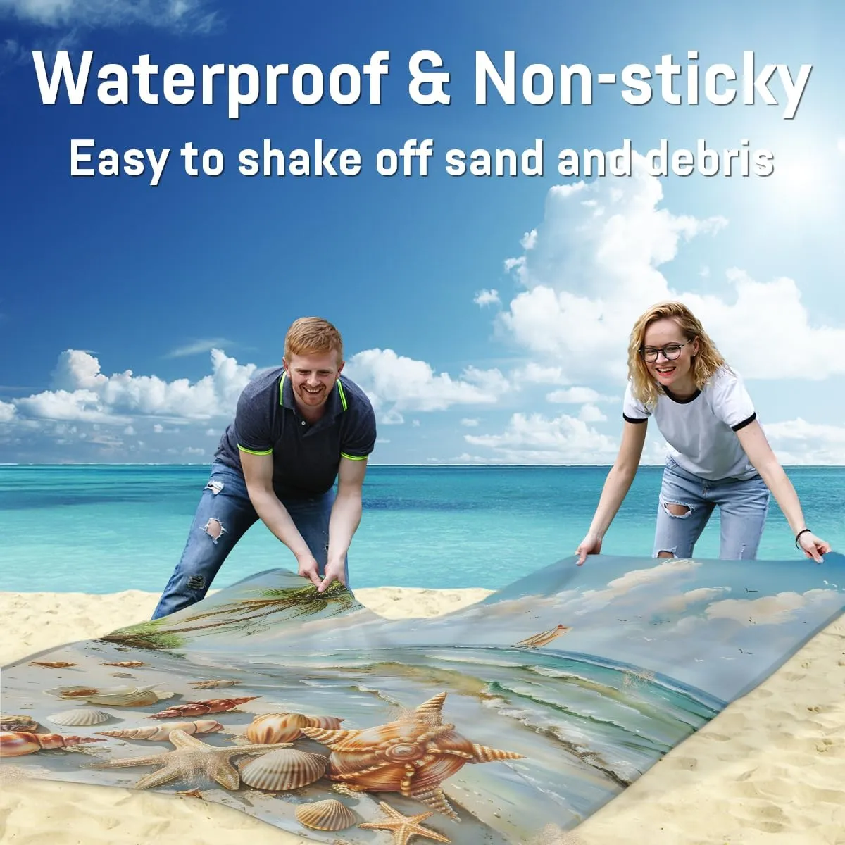 Ocean Beach Beach Blanket, Sandproof Beach Mat, Adults Waterproof Quick Drying Sand Free Mat with 4 x Ground Spikes for Outdoor Travel Camping Hiking, Tropical Beach Starfish Seashell