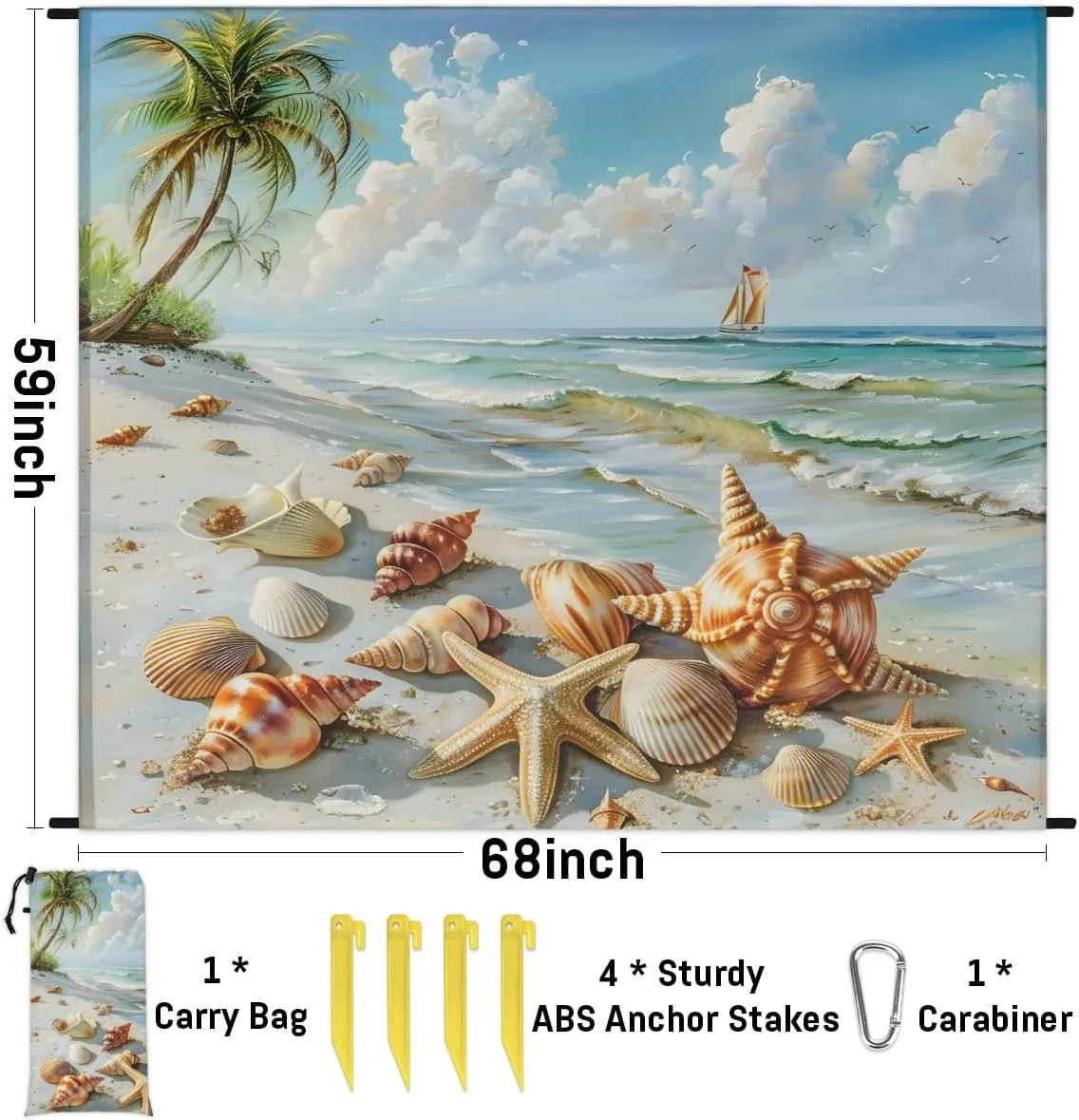 Ocean Beach Beach Blanket, Sandproof Beach Mat, Adults Waterproof Quick Drying Sand Free Mat with 4 x Ground Spikes for Outdoor Travel Camping Hiking, Tropical Beach Starfish Seashell