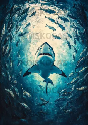 Oil Painting Style A Shark Swimming Through an Endless School of Fish The Product uses Wooden puzzles-1000PCS for Adults and Children to Brainstorm, Game Nights, Home Decor, and Gifts