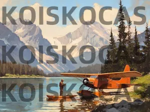 Oil Painting Style A Vintage Painting of an Aviator Fishing by his Seaplane on The Shore in Front of Towering Mountains Wooden Puzzle - 500pcs for Adults and Children for Brainstorming, Game Night