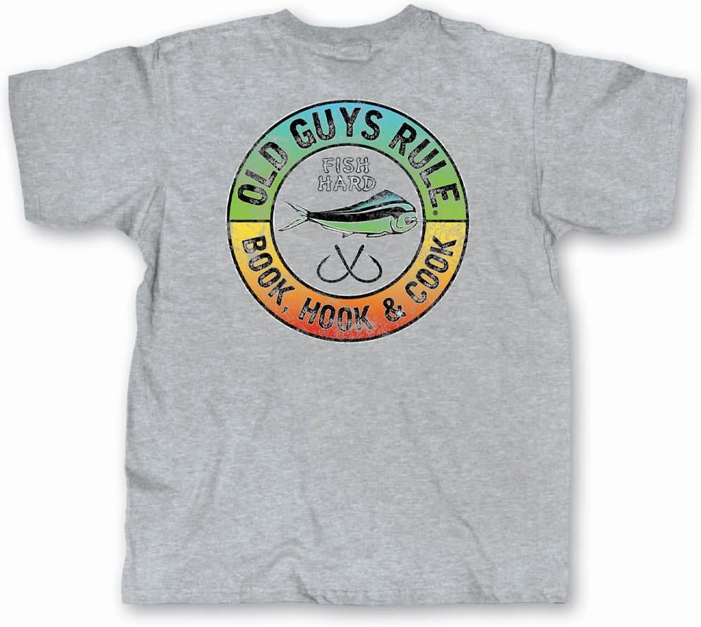 OLD GUYS RULE Men's Graphic T-Shirt, Book Hook & Cook - Father's Day, Birthday Gift - Funny Novelty Tee for Fishing, Outdoors
