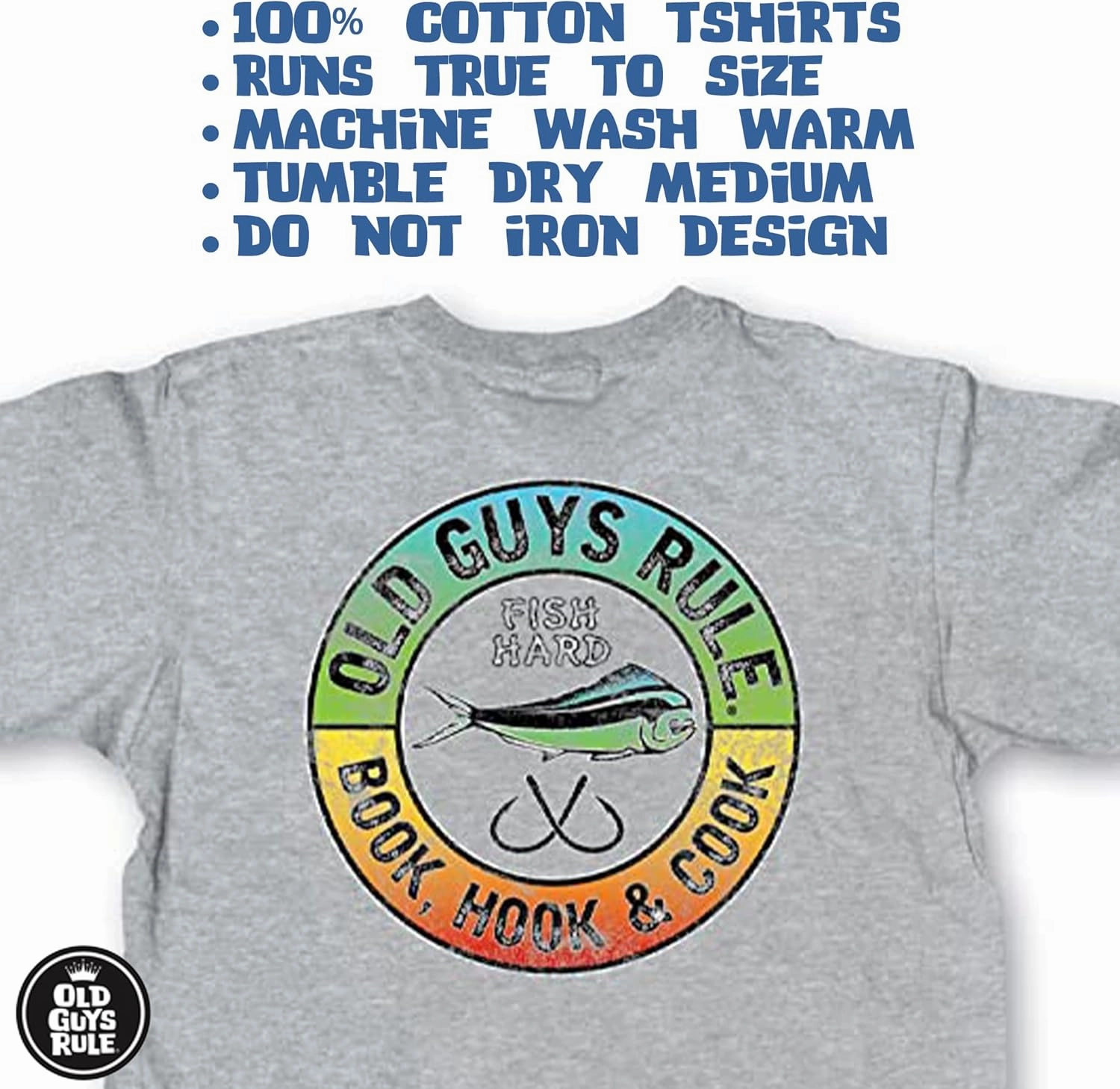 OLD GUYS RULE Men's Graphic T-Shirt, Book Hook & Cook - Father's Day, Birthday Gift - Funny Novelty Tee for Fishing, Outdoors