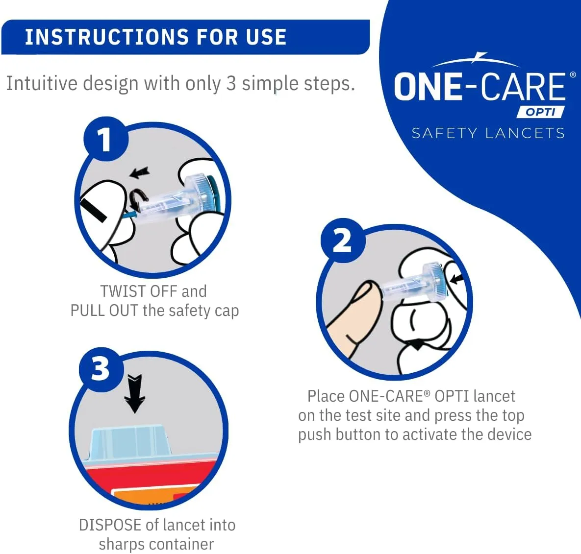 ONE-CARE Opti Safety Lancets Top Button Activated, 23G x 1.8mm, 200 Count