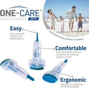 ONE-CARE Opti Safety Lancets Top Button Activated, 23G x 1.8mm, 200 Count