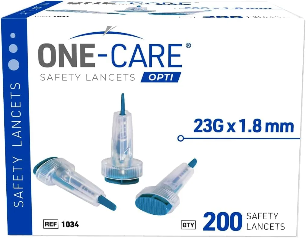 ONE-CARE Opti Safety Lancets Top Button Activated, 23G x 1.8mm, 200 Count
