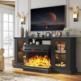 oneinmil Fireplace TV Stand with 3-Sided Glass, TV Cabinet for TVs up to 65", 59'' Modern Media Entertainment Center with Farmhouse Glass Door Storage Cabinets, for Living Room, Black