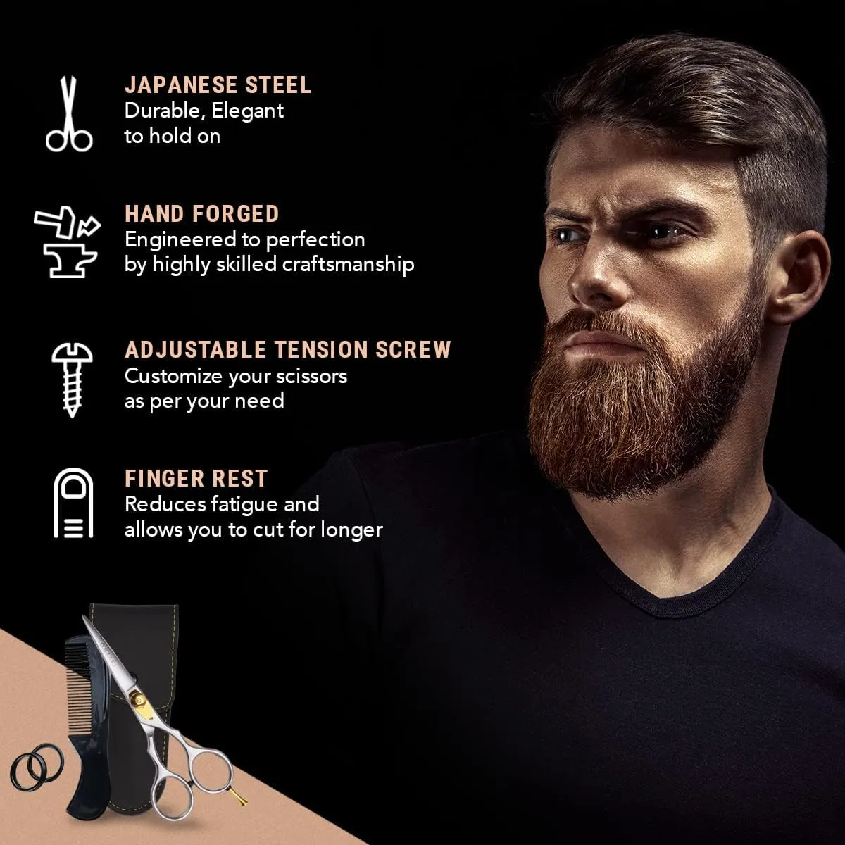 Ontaki Premium Hand-Forged Mustache & Beard Scissors 5.5" - Japanese Steel Barber Scissors - Bangs & Grooming Shears - Rest Hook Silver - Hair Shears - Beard Sheers